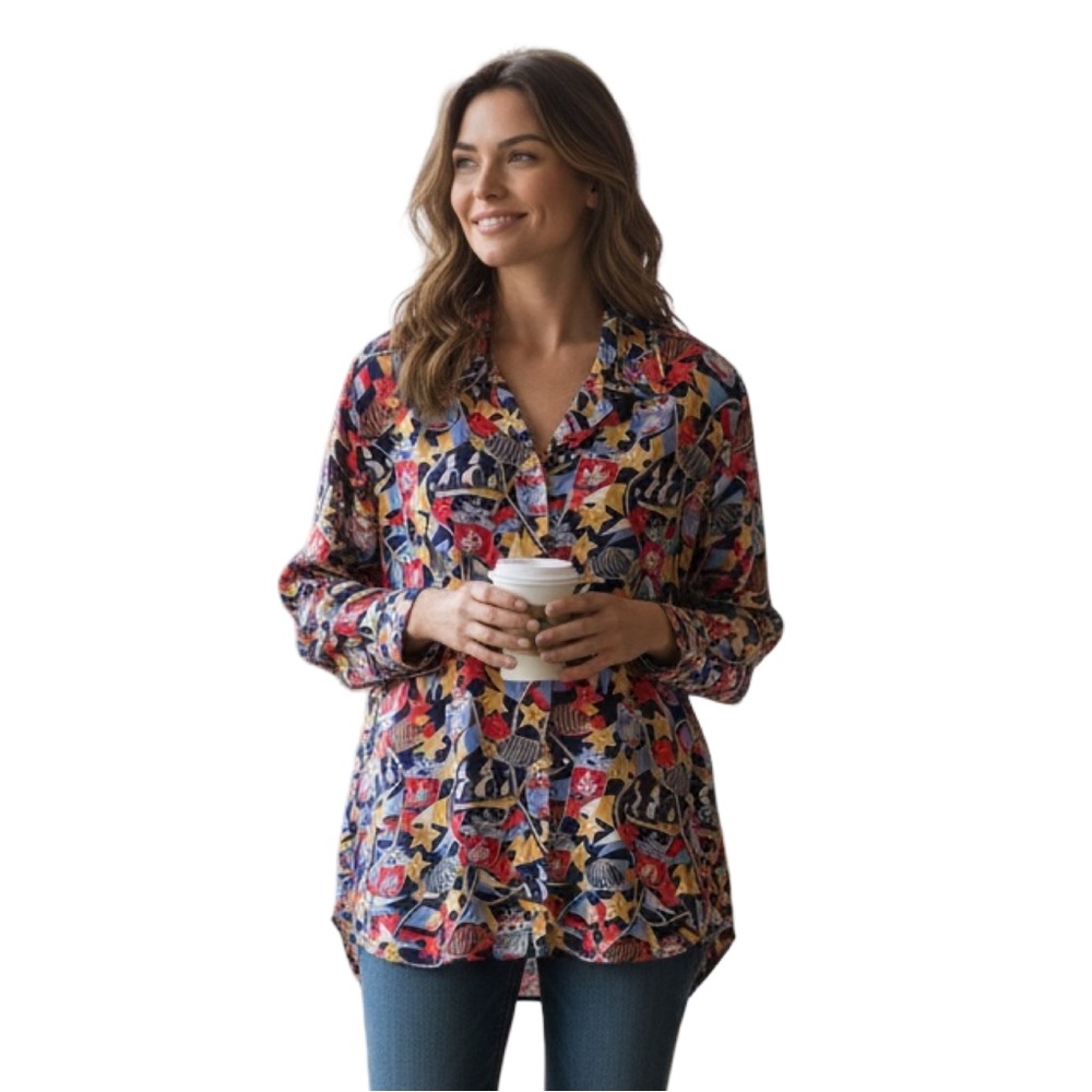 Vibrant Silk Nautical Long Sleeve Blouse Size 3X